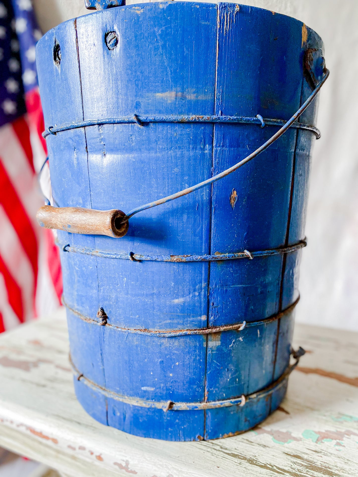 Vintage Blue Chippy Wood Ice Cream Bucket with White Mountain Churn Pail | Rustic Farmhouse Decor