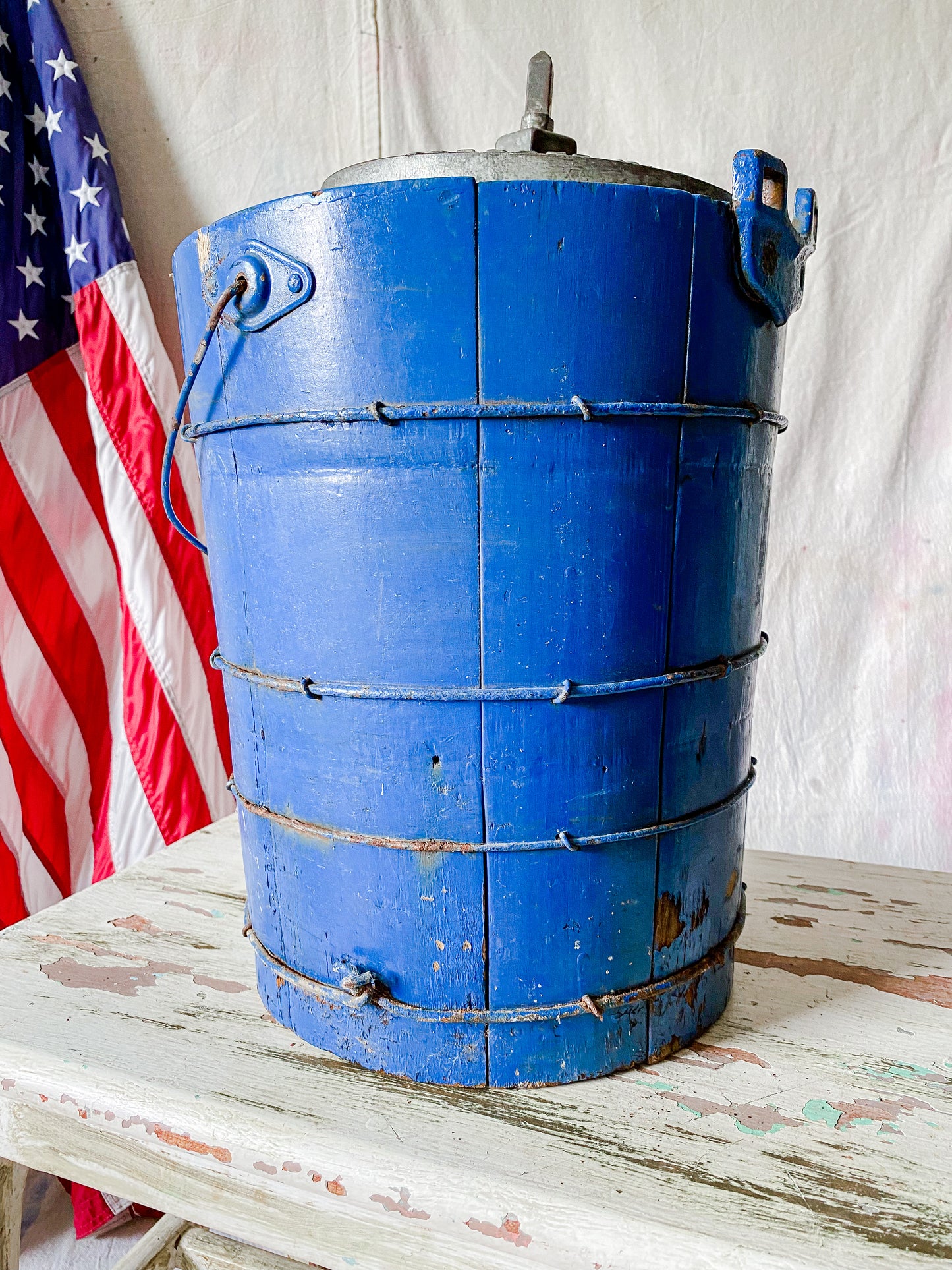 Vintage Blue Chippy Wood Ice Cream Bucket with White Mountain Churn Pail | Rustic Farmhouse Decor