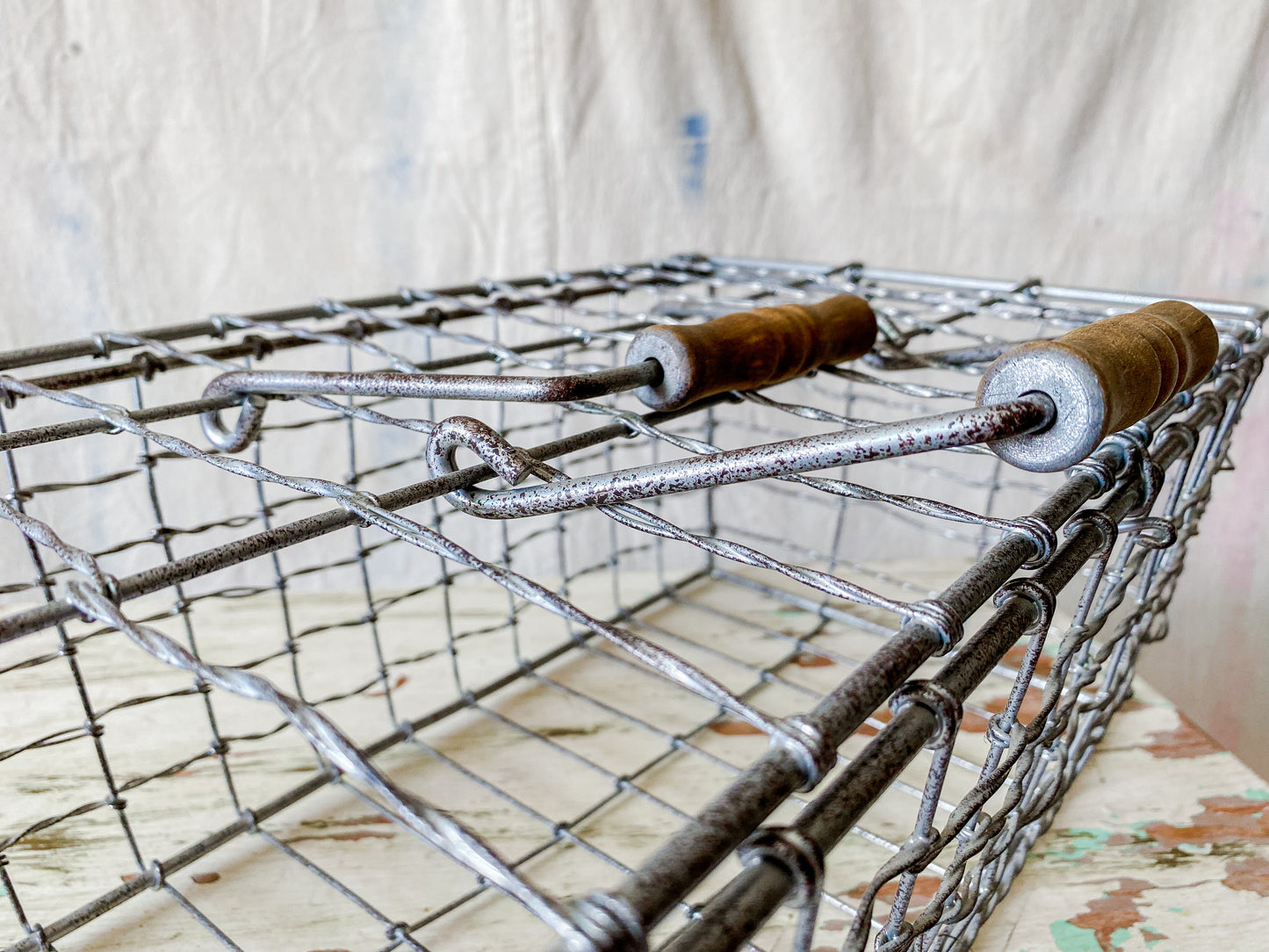 Vintage Silver Wire Basket with Latching Lid | Bathroom Towel Storage