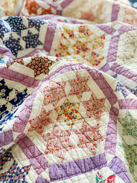 Vintage Scrappy Seven Sisters Quilt with Purple Sashing