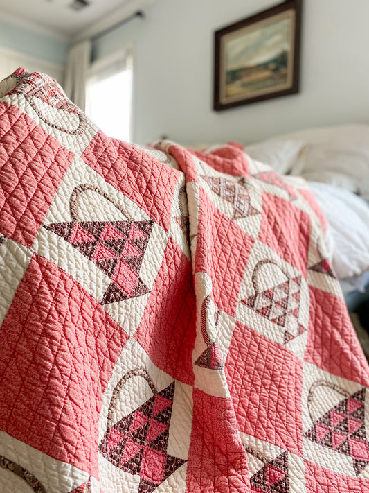 Antique Pink and Brown Basket Quilt with Fussy Cut Binding, c1880