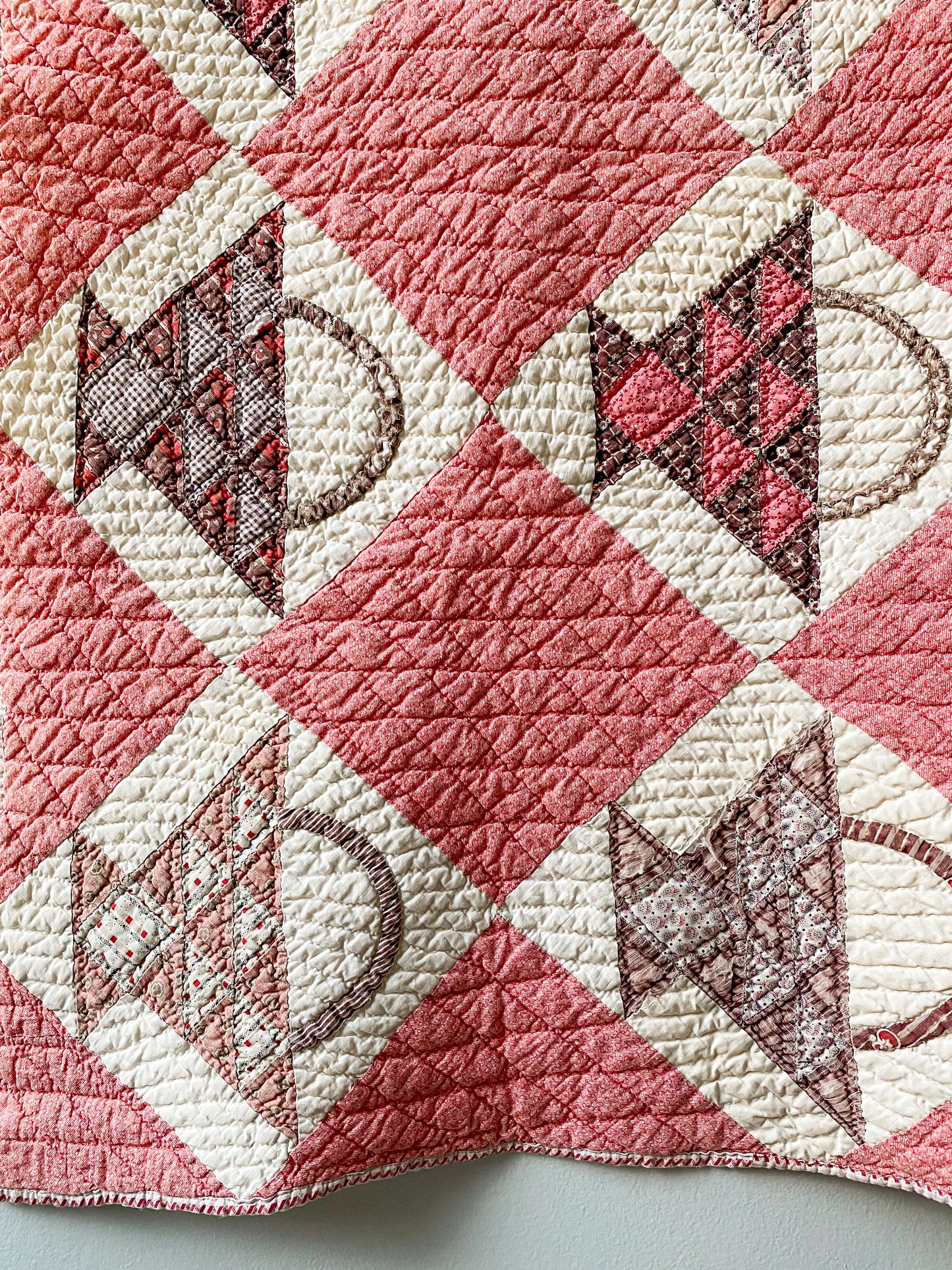 Antique Pink and Brown Basket Quilt with Fussy Cut Binding, c1880