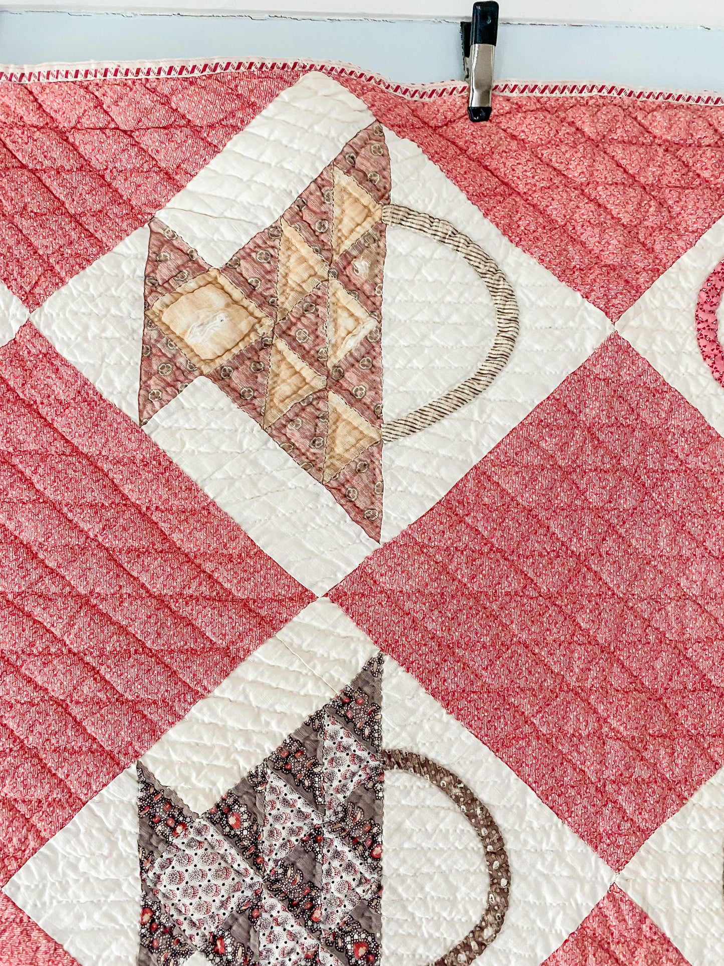 Antique Pink and Brown Basket Quilt with Fussy Cut Binding, c1880