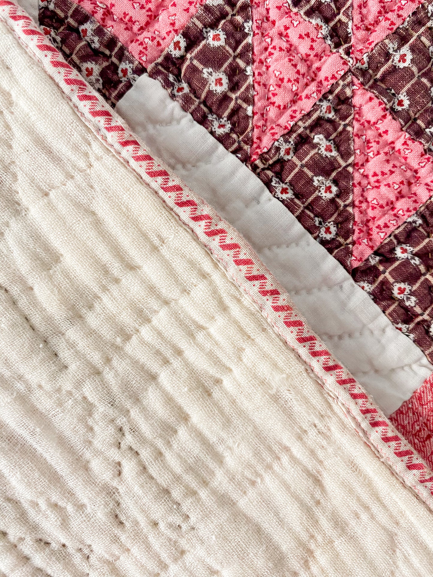 Antique Pink and Brown Basket Quilt with Fussy Cut Binding, c1880