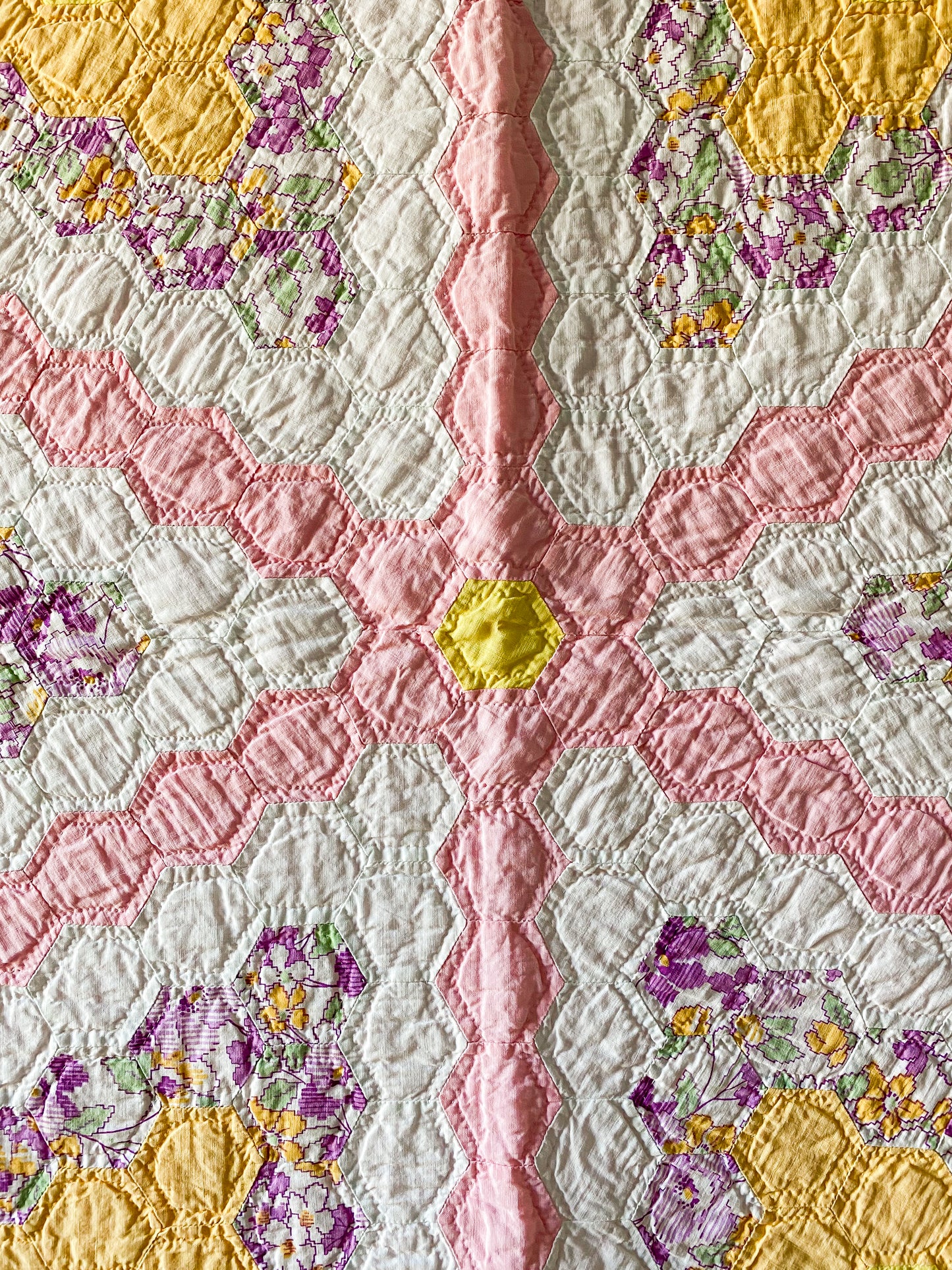 Vintage Radiating Diamond Fields Pink Quilt, c1930