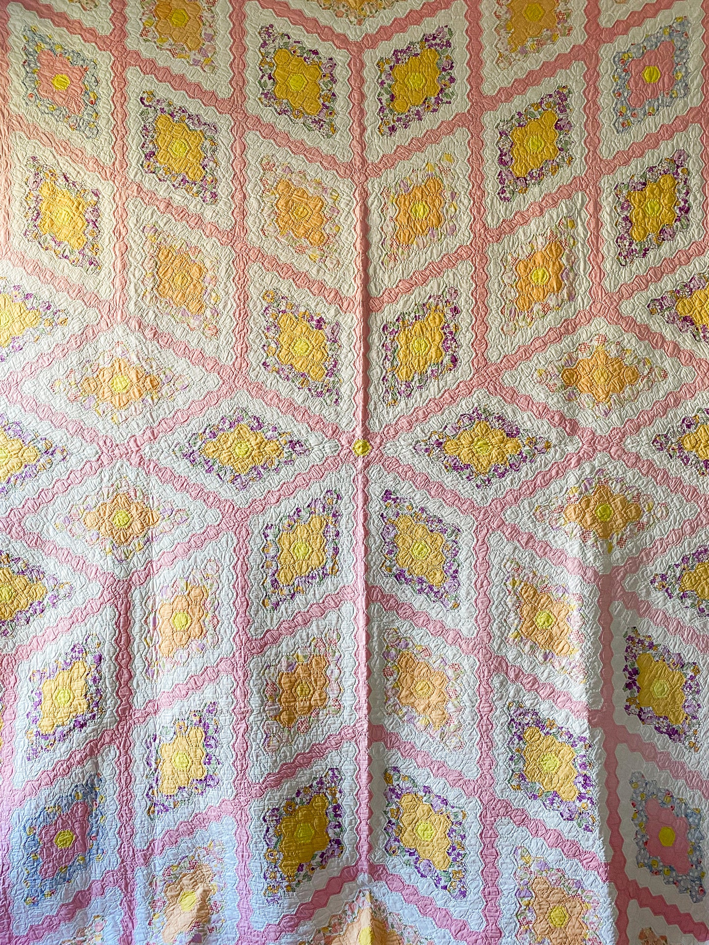 Vintage Radiating Diamond Fields Pink Quilt, c1930