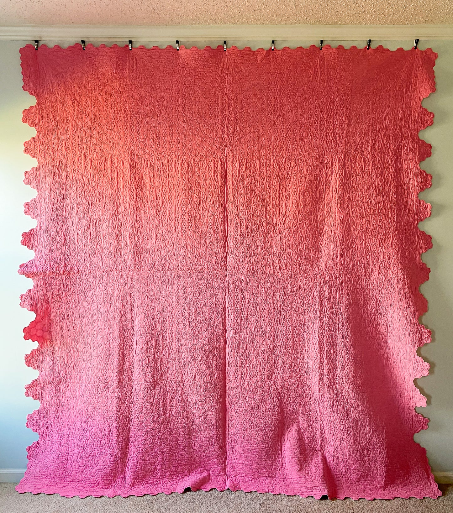 Vintage Radiating Diamond Fields Pink Quilt, c1930