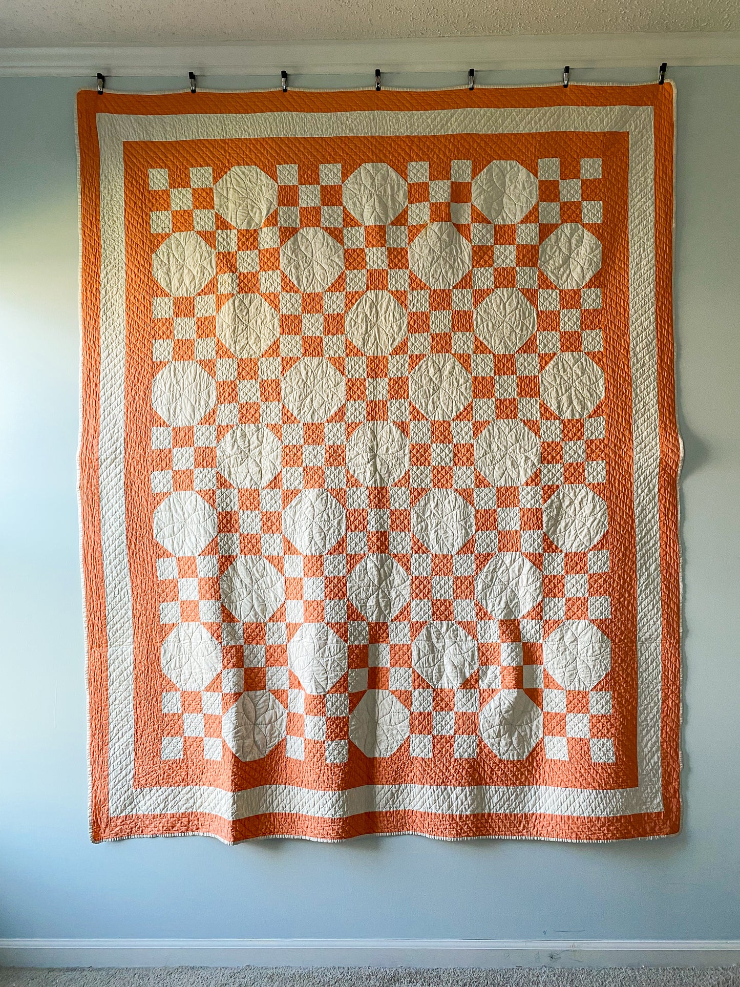 Vintage Creamsicle Orange and White Snowball Quilt, c1930