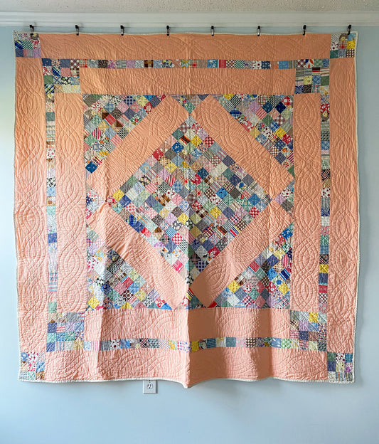 Vintage Melon Peach Medallion Patchwork Quilt, c1920