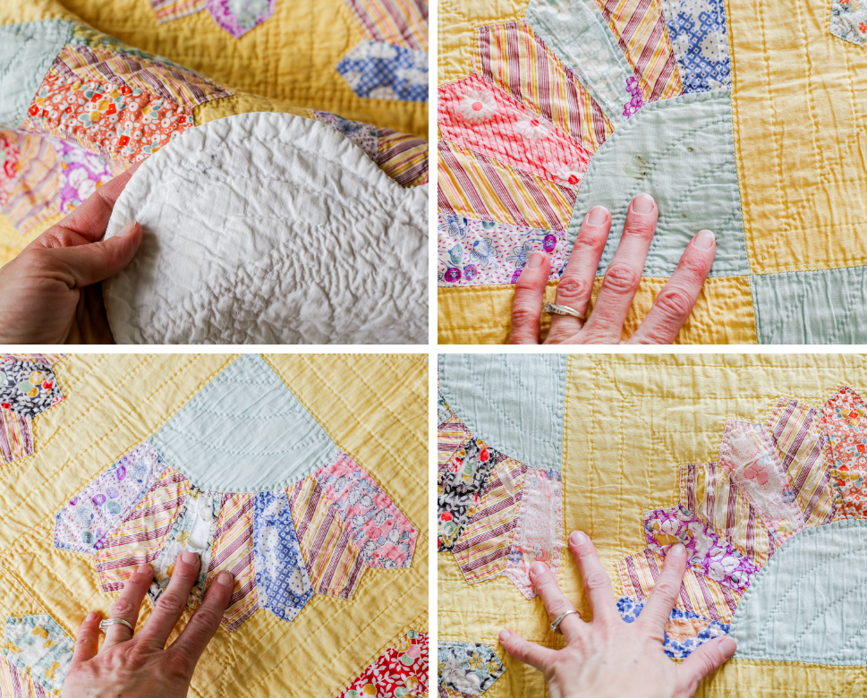 Vintage Yellow and Teal Fan Quilt with Scalloped Border, c1940