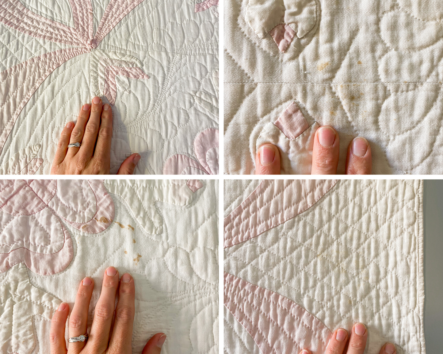 Vintage Pink and White Sateen Rose of Sharon Applique 1930s Quilt, 84" x 66"