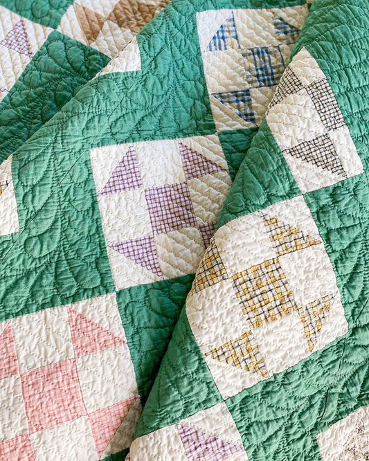 Vintage Emerald Green Shoofly Quilt, Plaid Shirting Fabrics, Feather Hand Quilting, c1930s, 82" x 67"