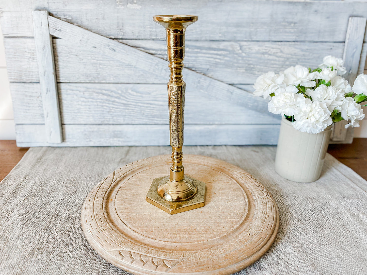 Vintage Brass Etched Floral Tall Candlestick Holder