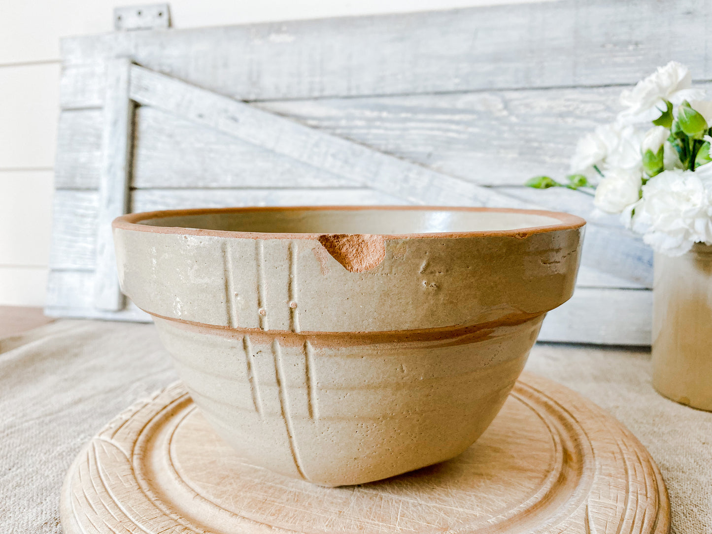 Antique Stoneware 7.75" Crock Dough Bowl, Primitive Beige Mixing Bowl with Etched Lines