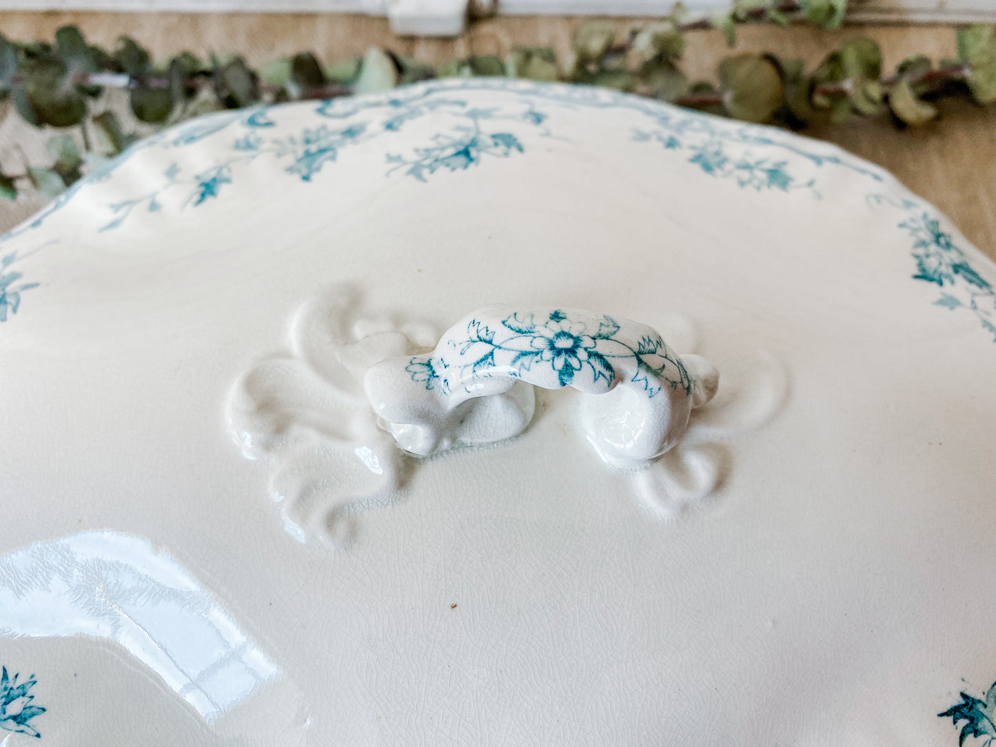 Antique Ironstone Soup Tureen with Lid, Teal Blue Transferware - Boquet by Malloy-Taylor, Rare Pattern, c1900