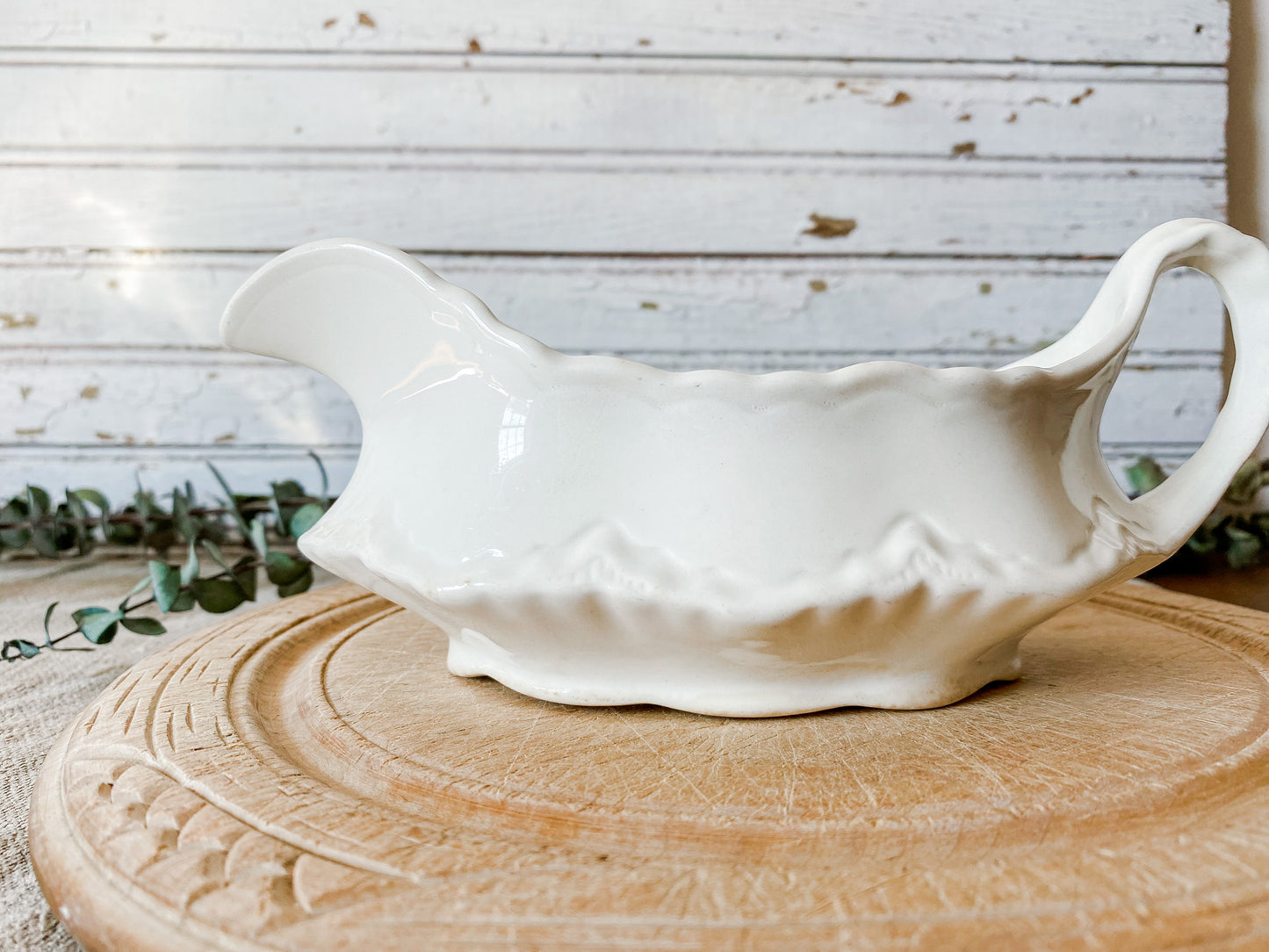 Antique White Stained Crazed Ironstone Gravy Boat by Homer Laughlin, 1920