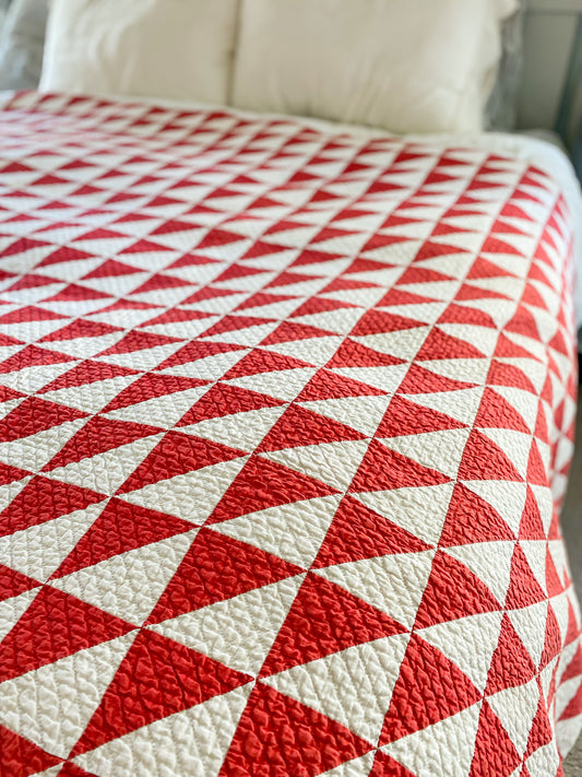 Vintage Red and White Tents of Armageddon Triangle Pattern 1930s Quilt, 82" x 72"