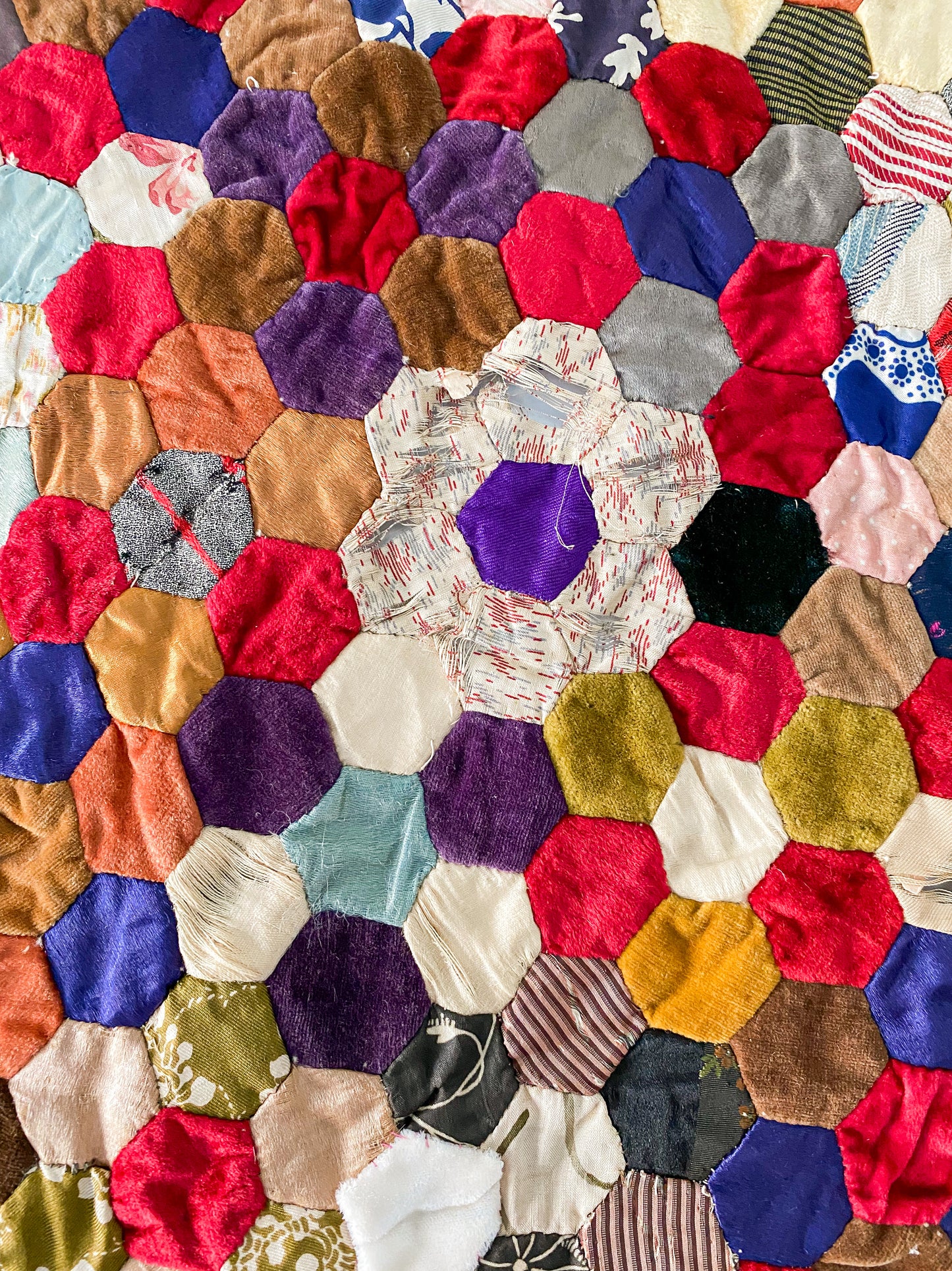 Antique Unfinished Hexagon Mosaic 1900s Quilt Top, Silk and Velvet English Paper Piecing, 54" x 53"