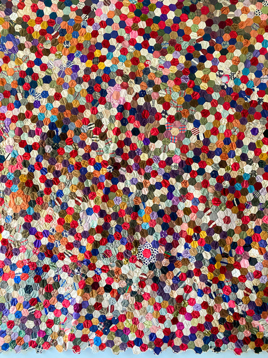 Antique Unfinished Hexagon Mosaic 1900s Quilt Top, Silk and Velvet English Paper Piecing, 54" x 53"