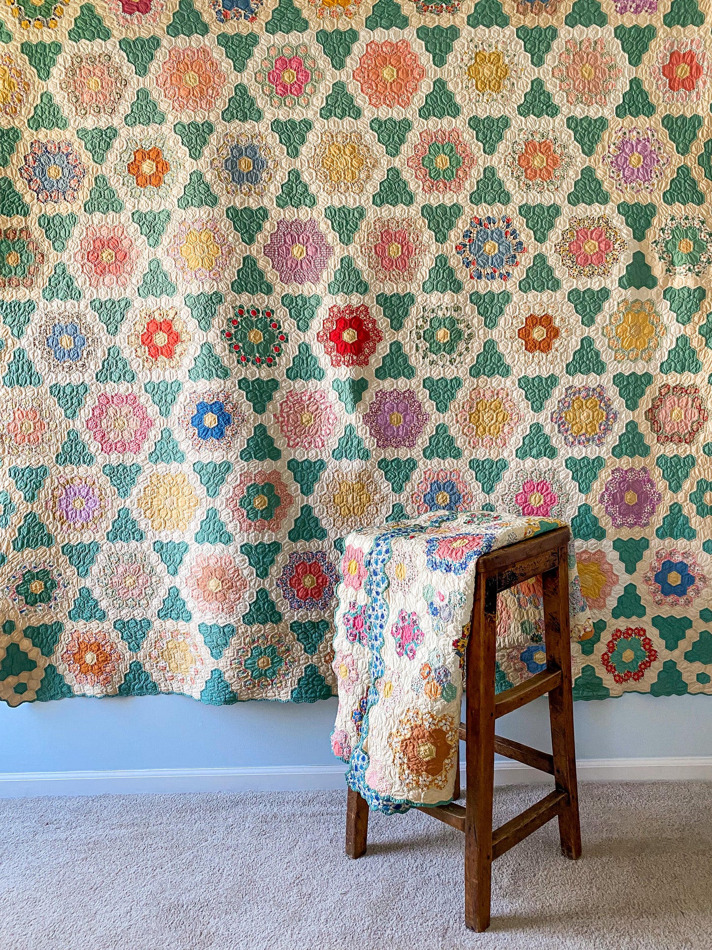 Vintage Green and Tan Grandmother's Flower Garden Quilt with Matching Runner, c1930s