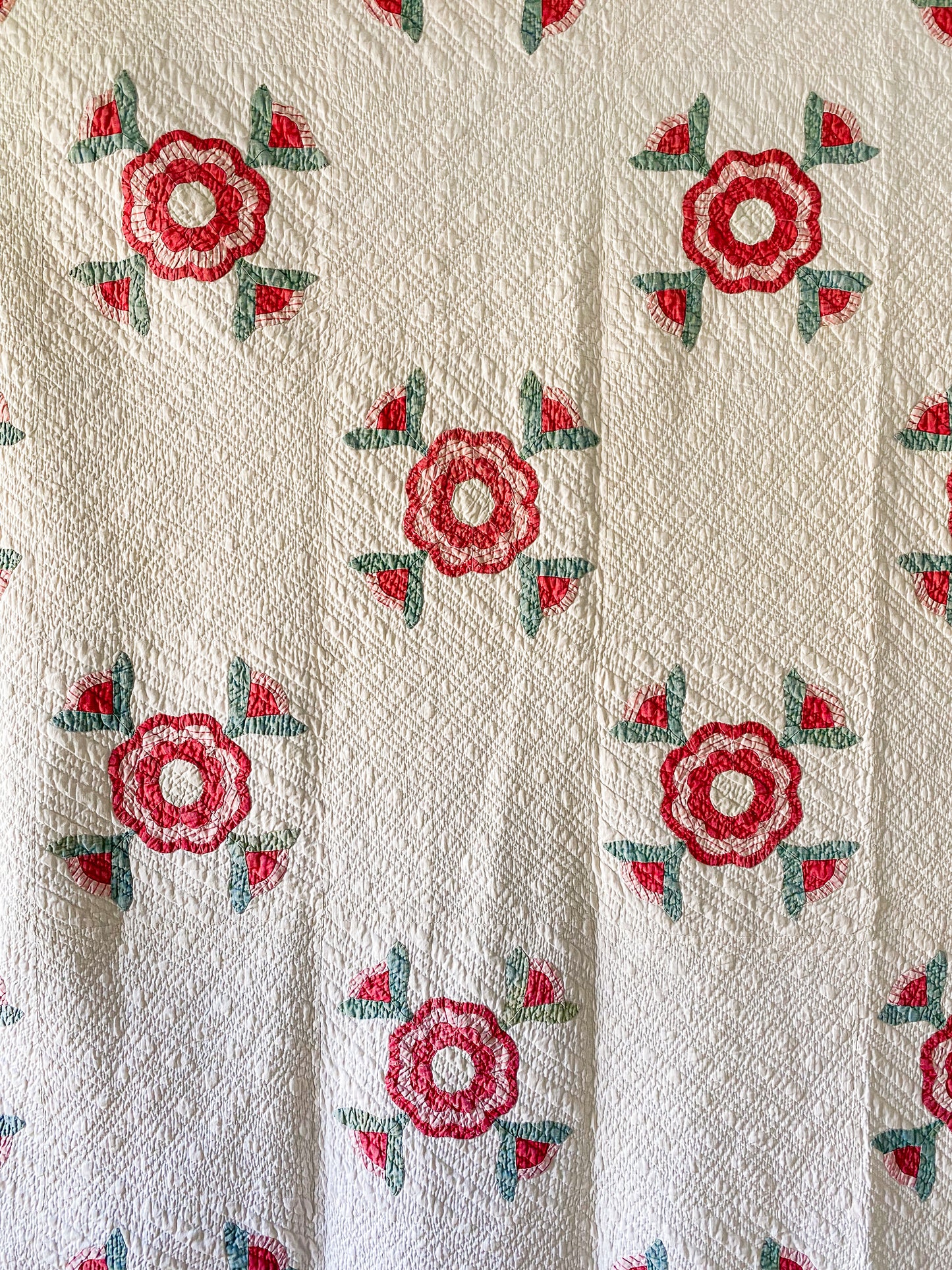 Antique Red and Overdye Green California Rose Applique Quilt c1880s, 90" x 67"