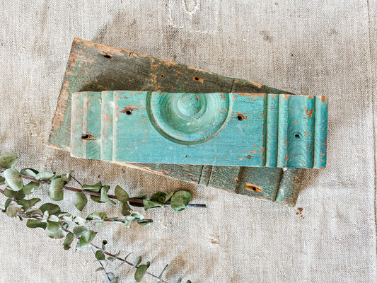 Vintage Set of 2 Green Chippy Wood Trim Pieces, Architectural Salvage Shelf Risers