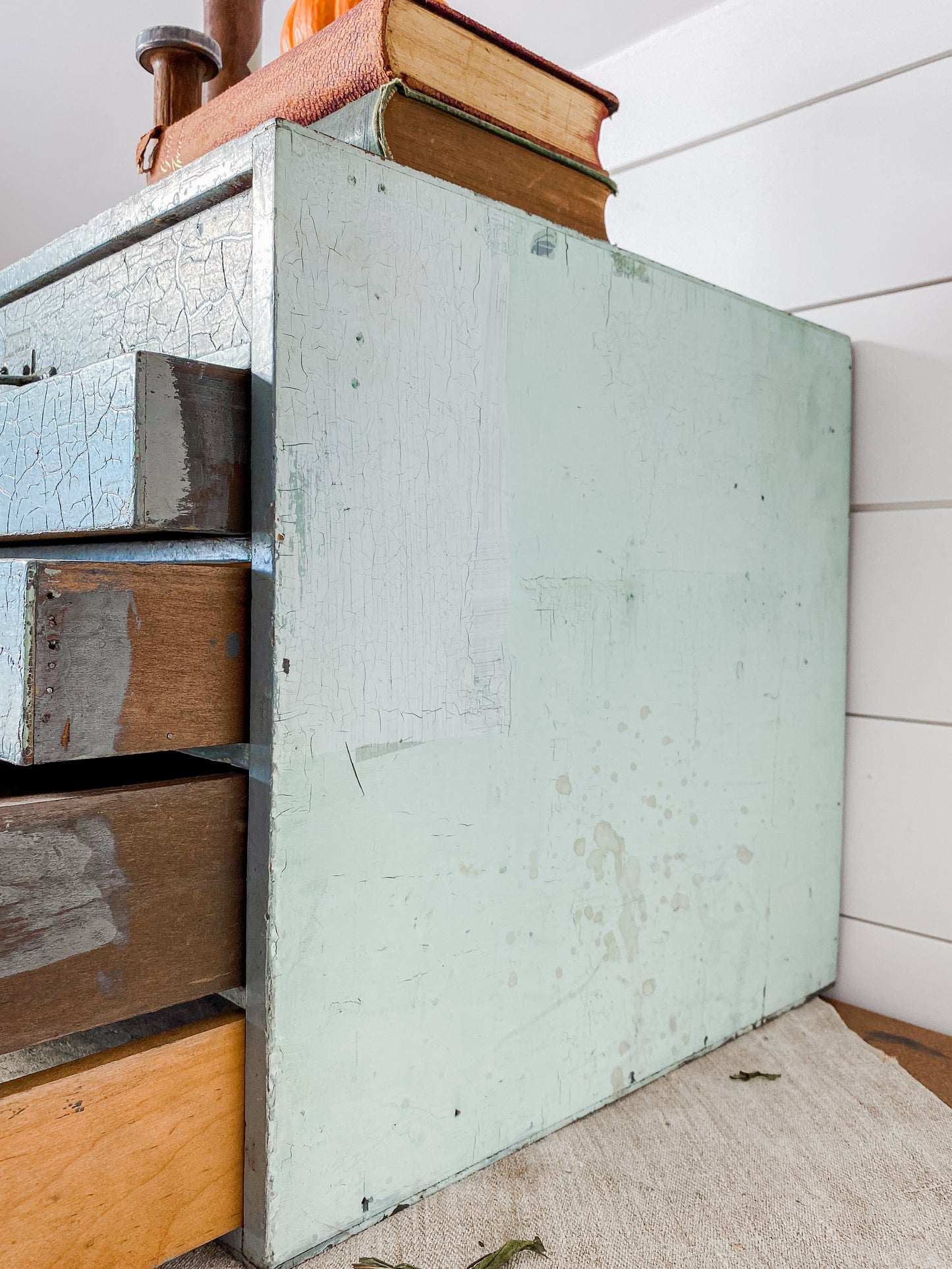 Vintage Chippy Aqua Blue Cabinet with 5 Drawers | Distressed Farmhouse Storage