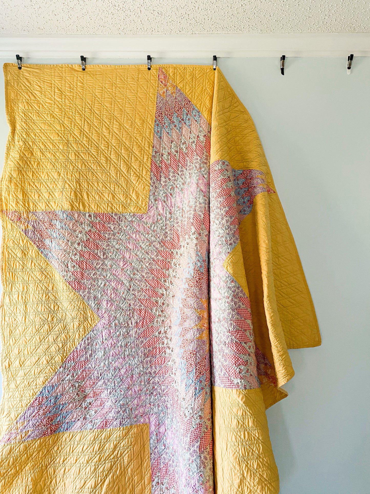 Vintage Yellow Lone Star Quilt, Kansas Quilt Project, Feedsack Fabrics, c1930s, 76" x 72"
