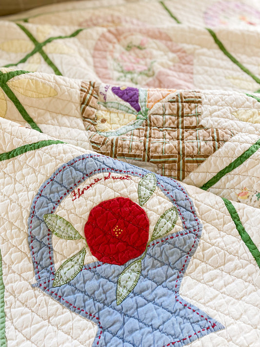 Vintage Friendship Basket Applique Quilt, Kansas Quilt Project Documented, Embroidered 1935, 74" x 68"