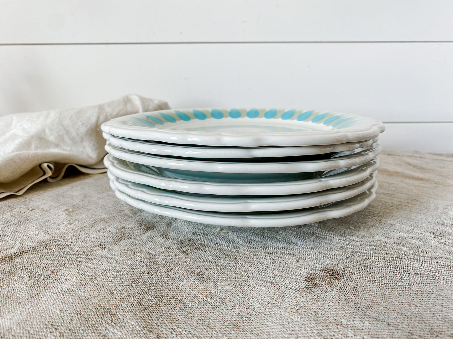 Vintage Set of 6 Wallace China 1940s Ironstone Plates | Blue Green Retro Restaurant Ware