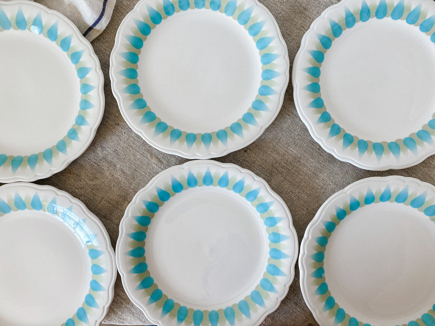 Vintage Set of 6 Wallace China 1940s Ironstone Plates | Blue Green Retro Restaurant Ware