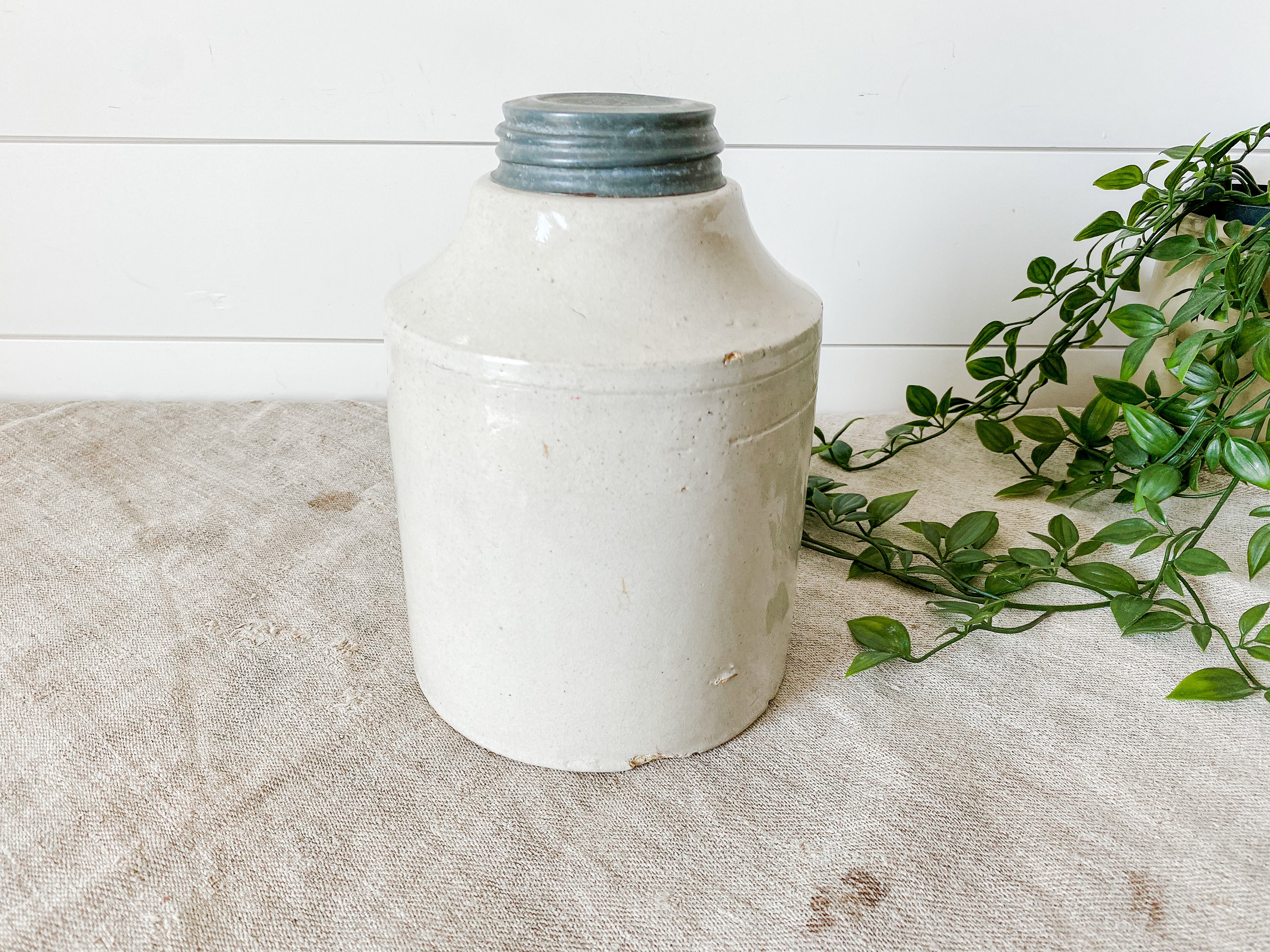 Antique Macomb Pottery Canning Jar offers Crock stoneware Zinc lid milkglass