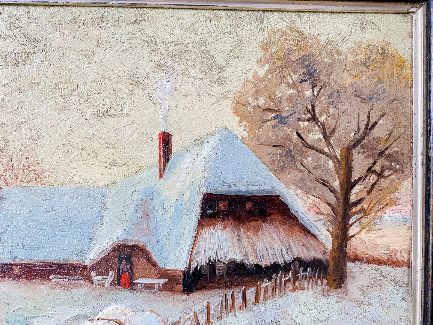 Original Framed Oil Painting of Thatched Cottage in Winter Landscape