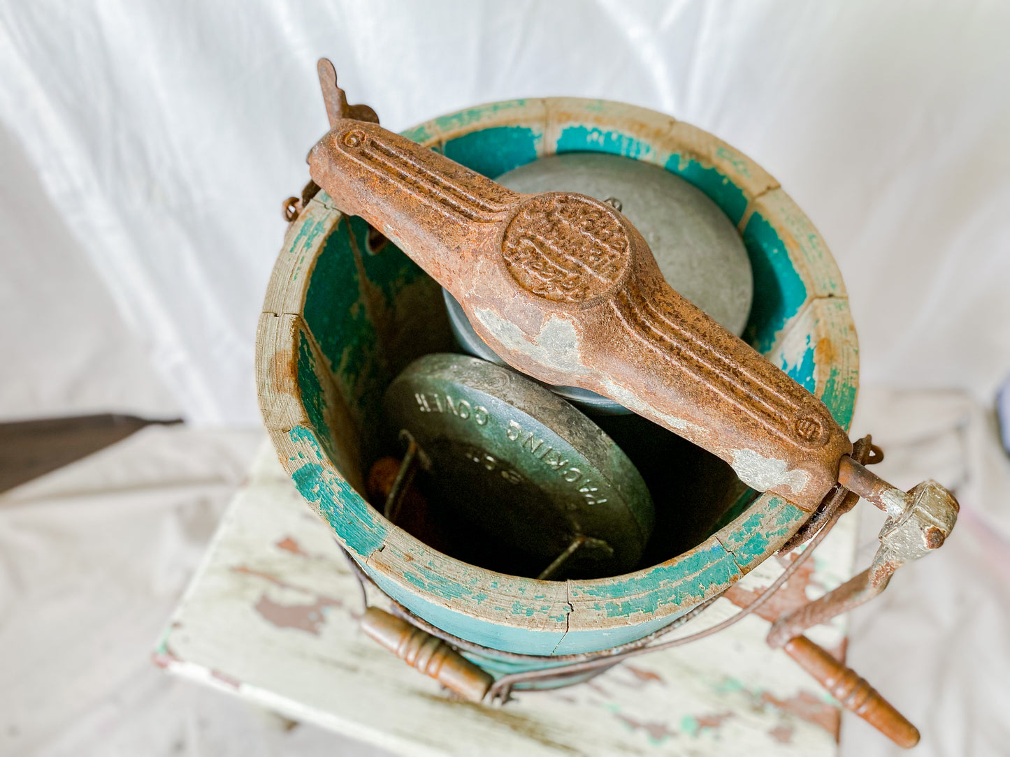 Antique Teal Green Chippy Wood Ice Cream Bucket with Churn Bucket and Crank Handle | Rustic Farmhouse