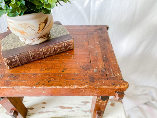 Antique Handmade Wood Stool with Monogram | Rustic Lodge Cabin Decor | Farmhouse Plant Stand