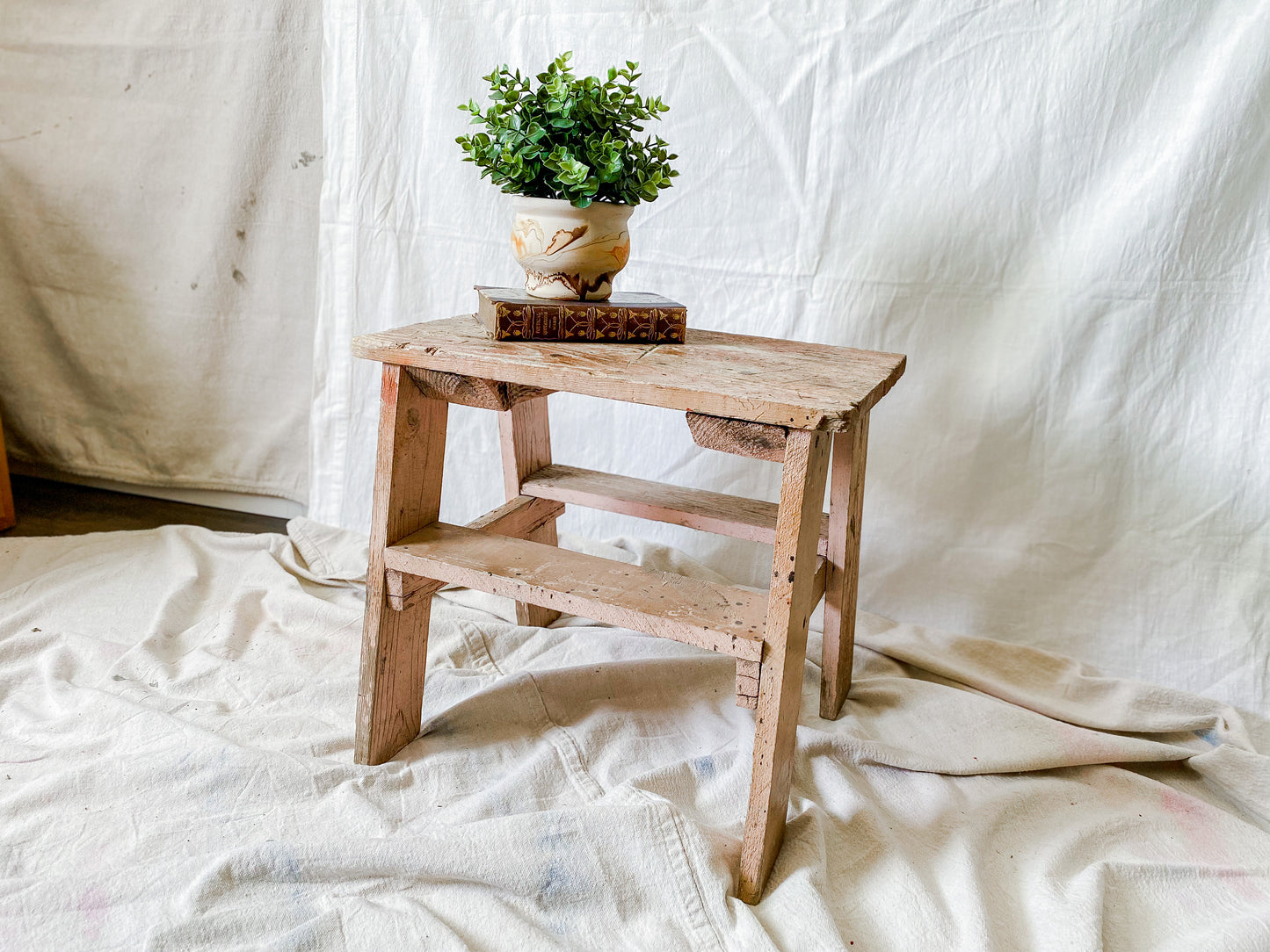 Vintage Chippy Pink Handmade Wooden Stepstool | Painter's Stool | Shabby Rustic Plant Stand | Farmhouse Porch Decor