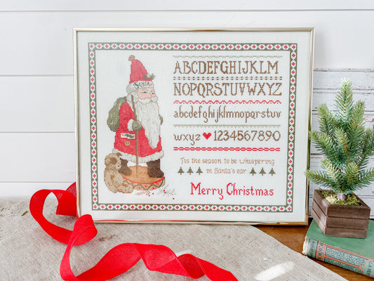 Vintage Santa Claus Framed Cross Stitch, Country Christmas Wall Decor