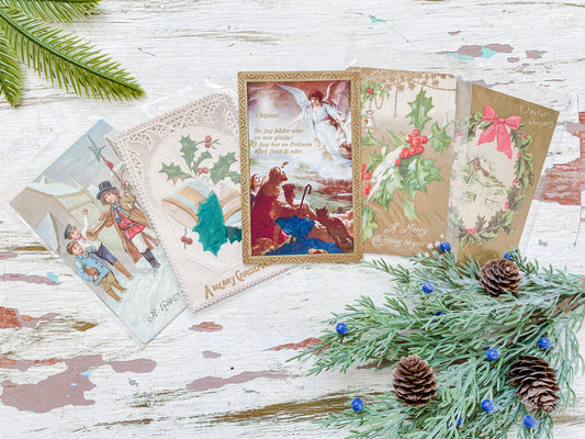 Set of 5 Antique Christmas Cards, Gold and Green Holiday Postcards