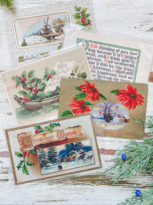 Set of 5 Antique Christmas Cards, Red and Gold Holiday Postcards
