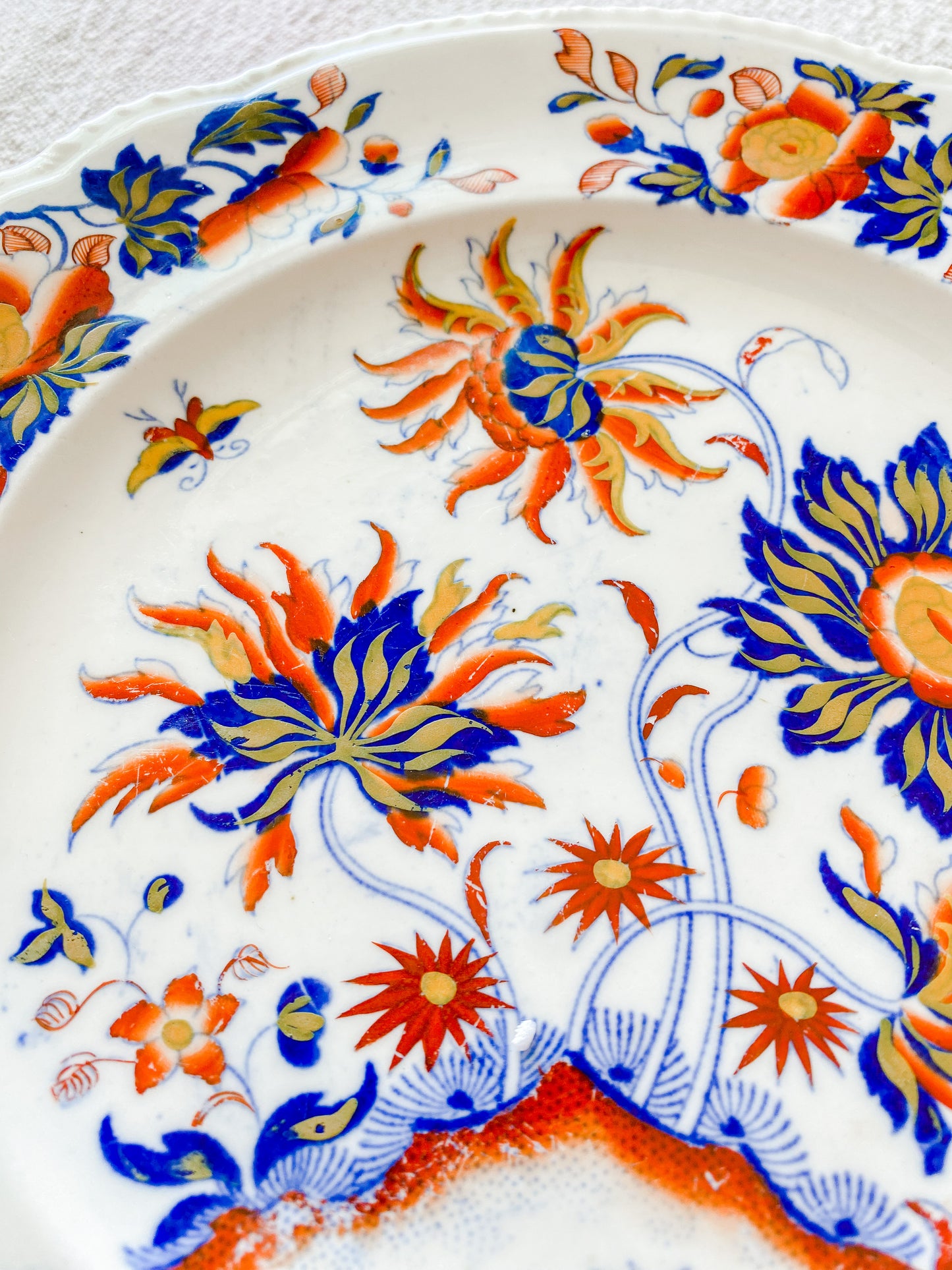 Antique Mid-1800s Ironstone Dinner Plate with Blue and Orange Floral Detail | Plate Wall Display | English Cottage Decor