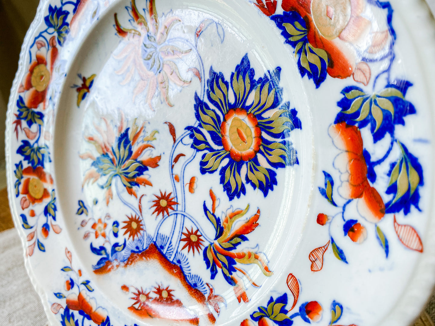 Antique Mid-1800s Ironstone Dinner Plate with Blue and Orange Floral Detail | Plate Wall Display | English Cottage Decor