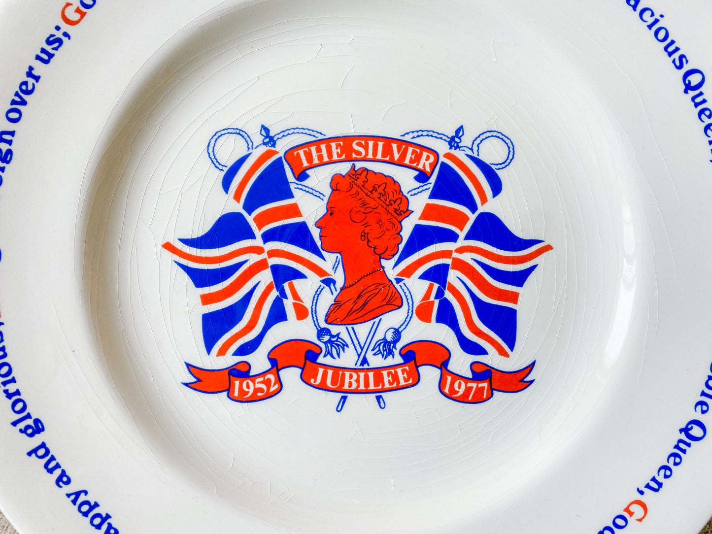 Vintage Queen Elizabeth II Silver Jubilee Commemorative Plate | Red White Blue Ironstone by Adams