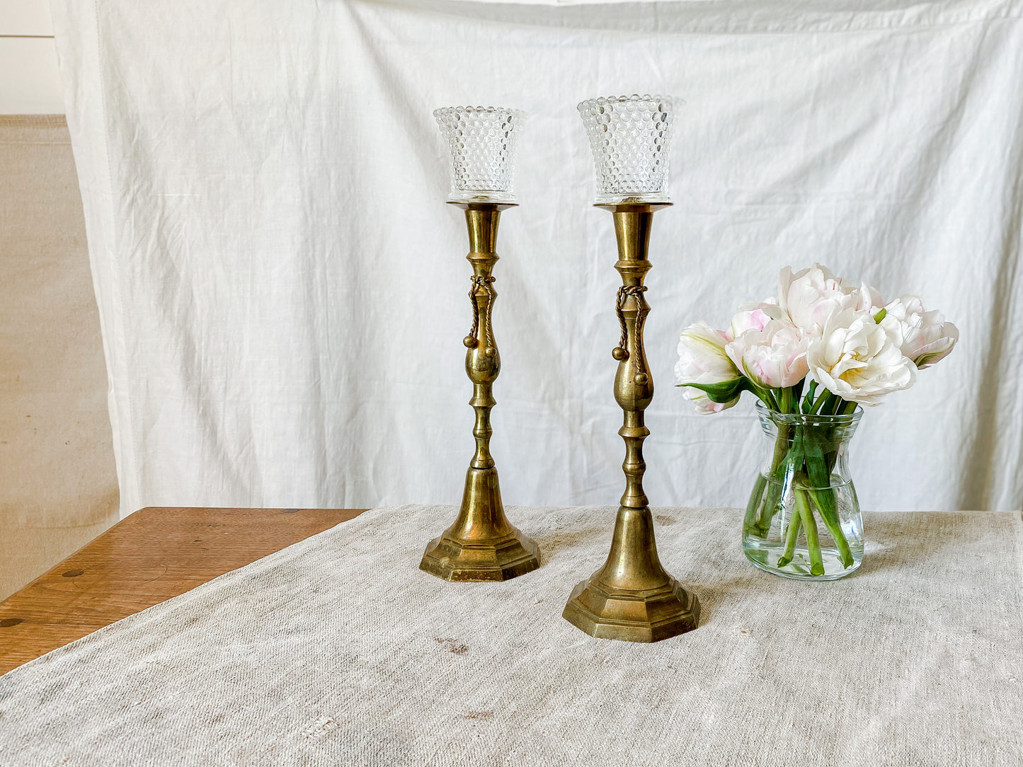 Vintage Pair of Brass Candle Holders with Rope Tassels and Clear Bubble Glass Votive Cups