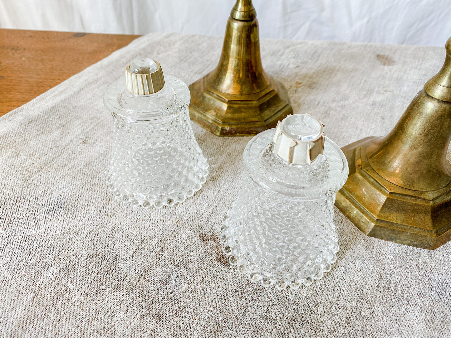 Vintage Pair of Brass Candle Holders with Rope Tassels and Clear Bubble Glass Votive Cups