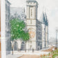 Vintage Framed Colored Etching of Urban Landscape Architecture