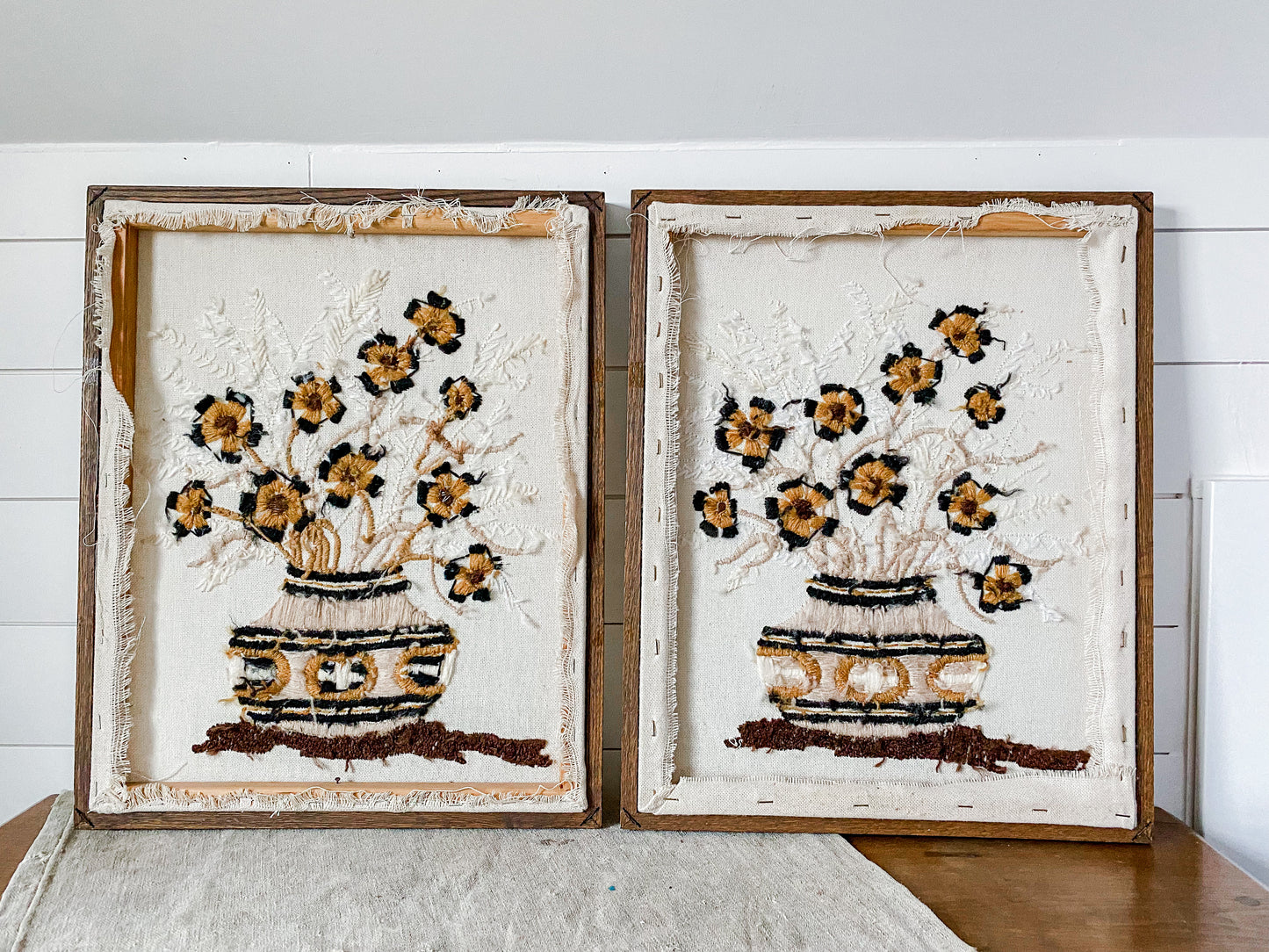 Pair of Vintage Brown and Tan Floral Crewel Pictures, Boho 1970s Decor