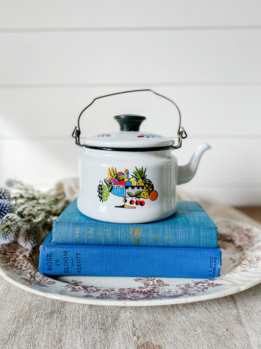 Vintage Georges Briard Fiesta Enamel Teapot, Midcentury Modern Kitchen Decor