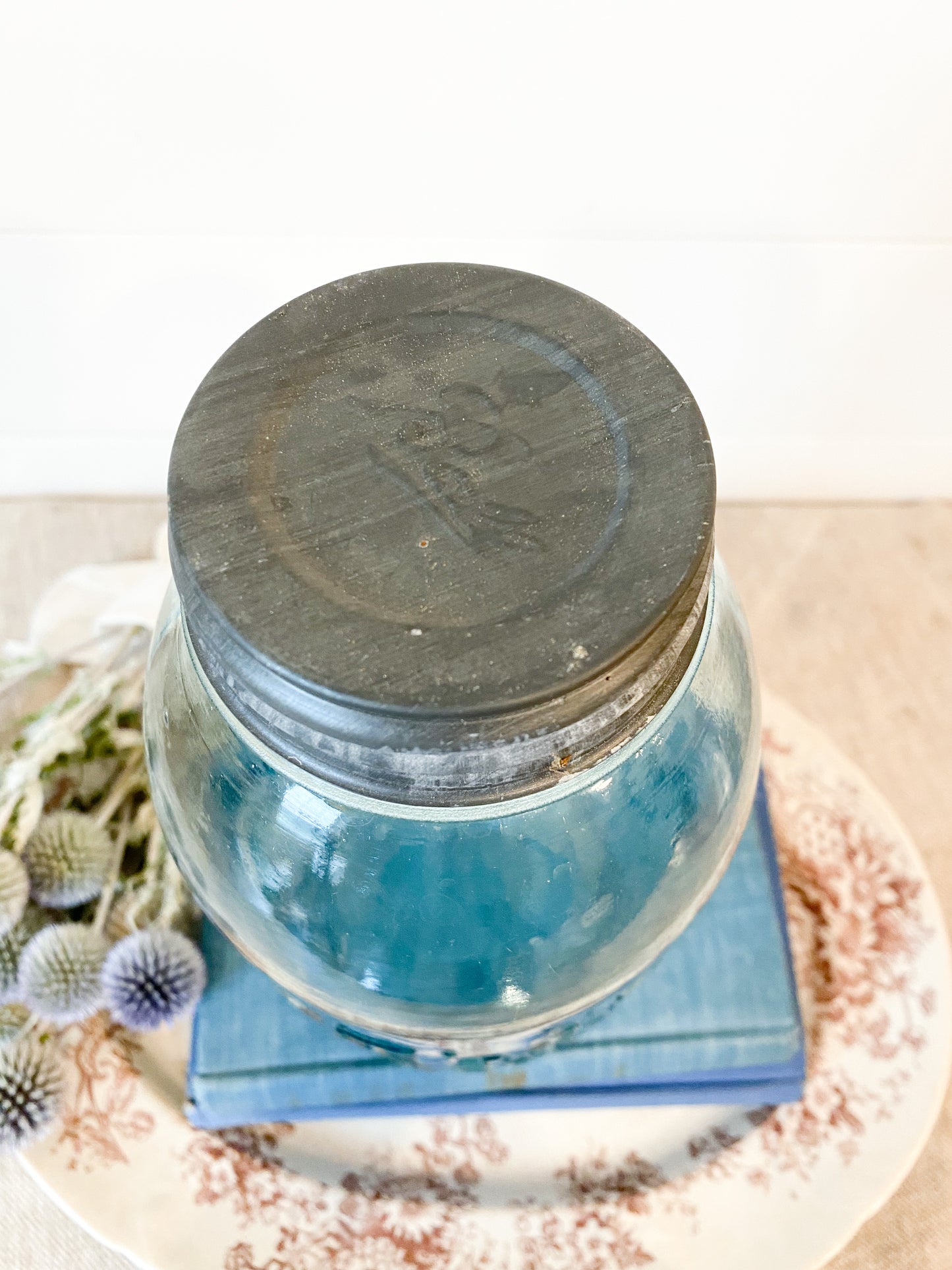 Antique Atlas Strong Shoulder Blue Glass Half Gallon Canning Jar with Zinc Porcelain Screw Top Lid