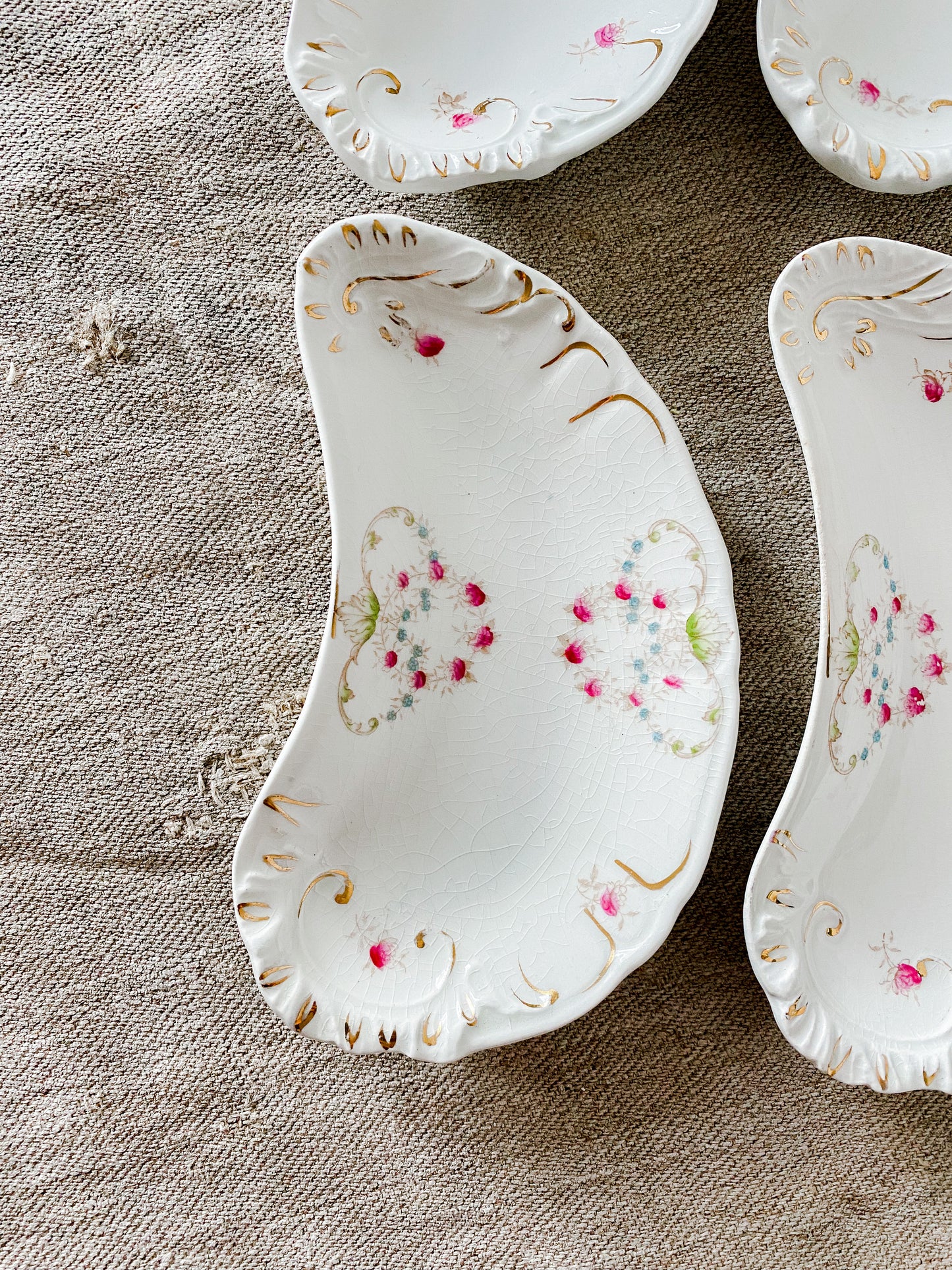 Antique Set of 4 Ironstone Bone Dishes, Hand Painted Floral Gilt, Rivoli by Meakin, England