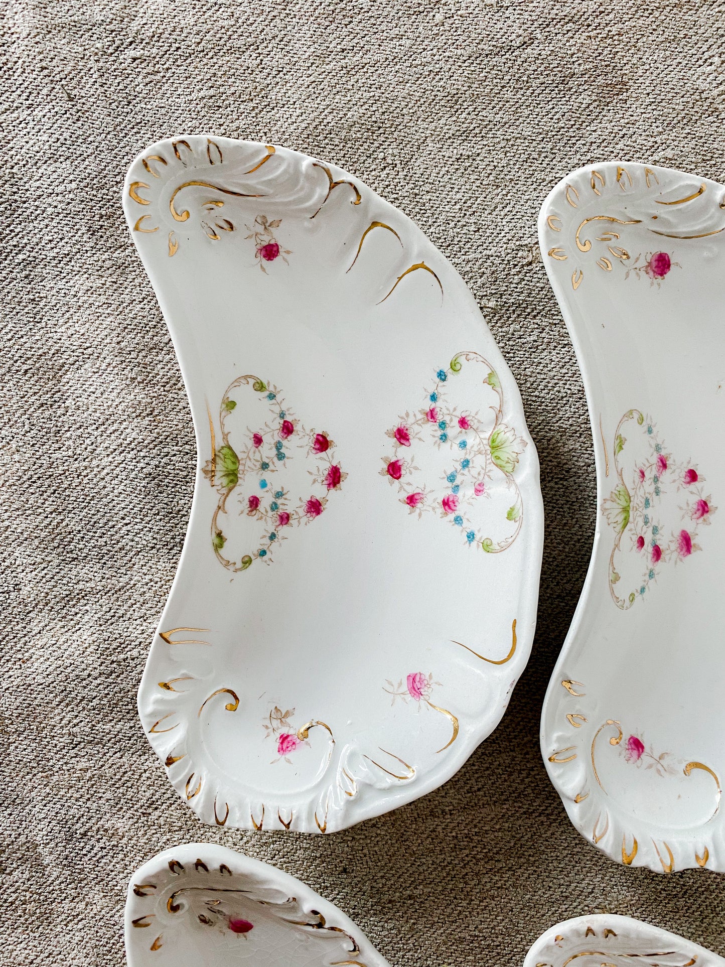 Antique Set of 4 Ironstone Bone Dishes, Hand Painted Floral Gilt, Rivoli by Meakin, England